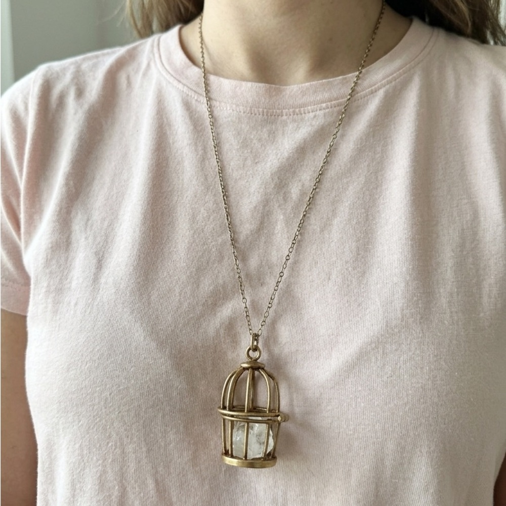 Vintage Style Birdcage Pendant with Raw Quartz Crystal
